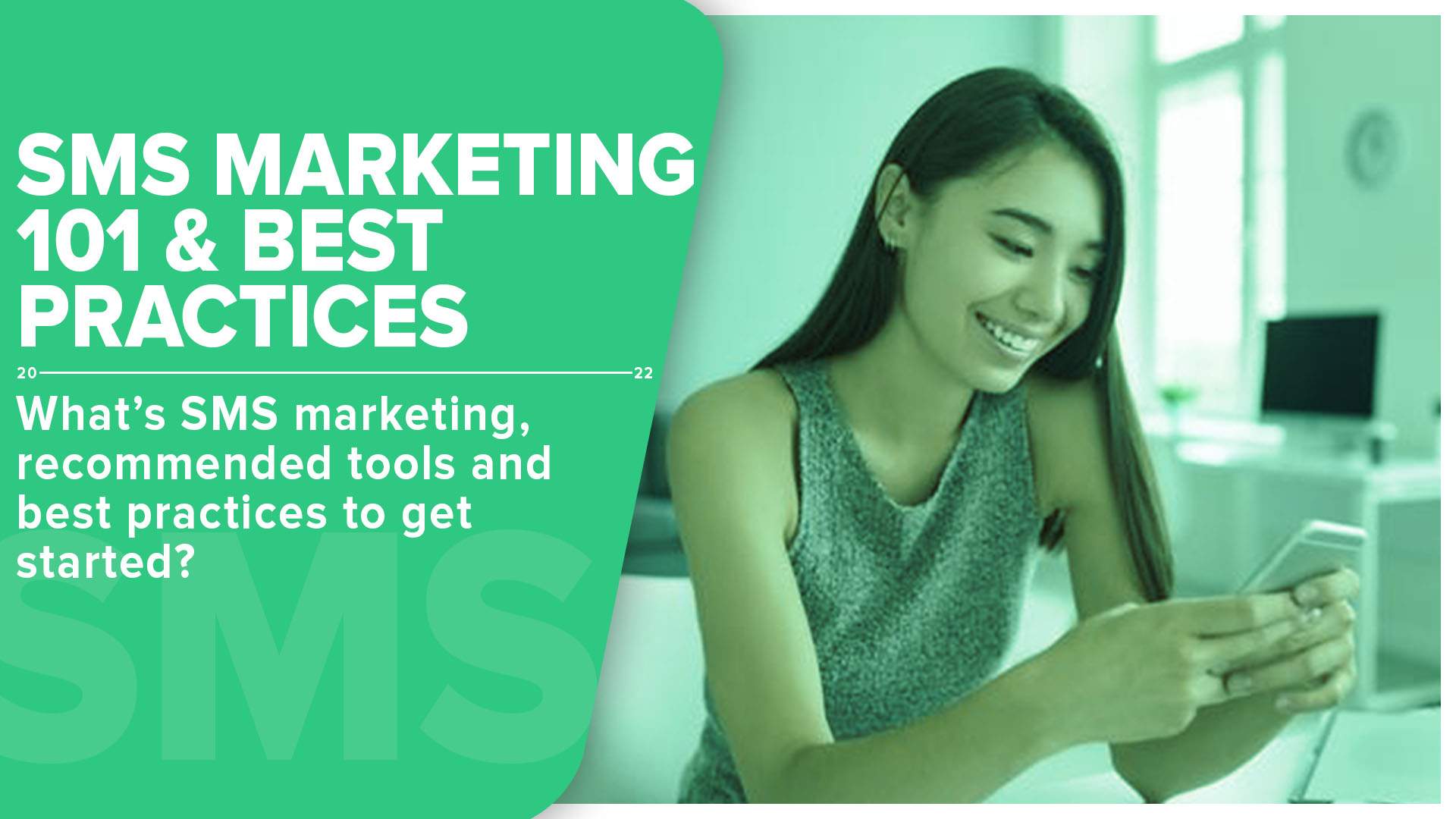 SMS marketing blog post cover image with woman texting via the phone